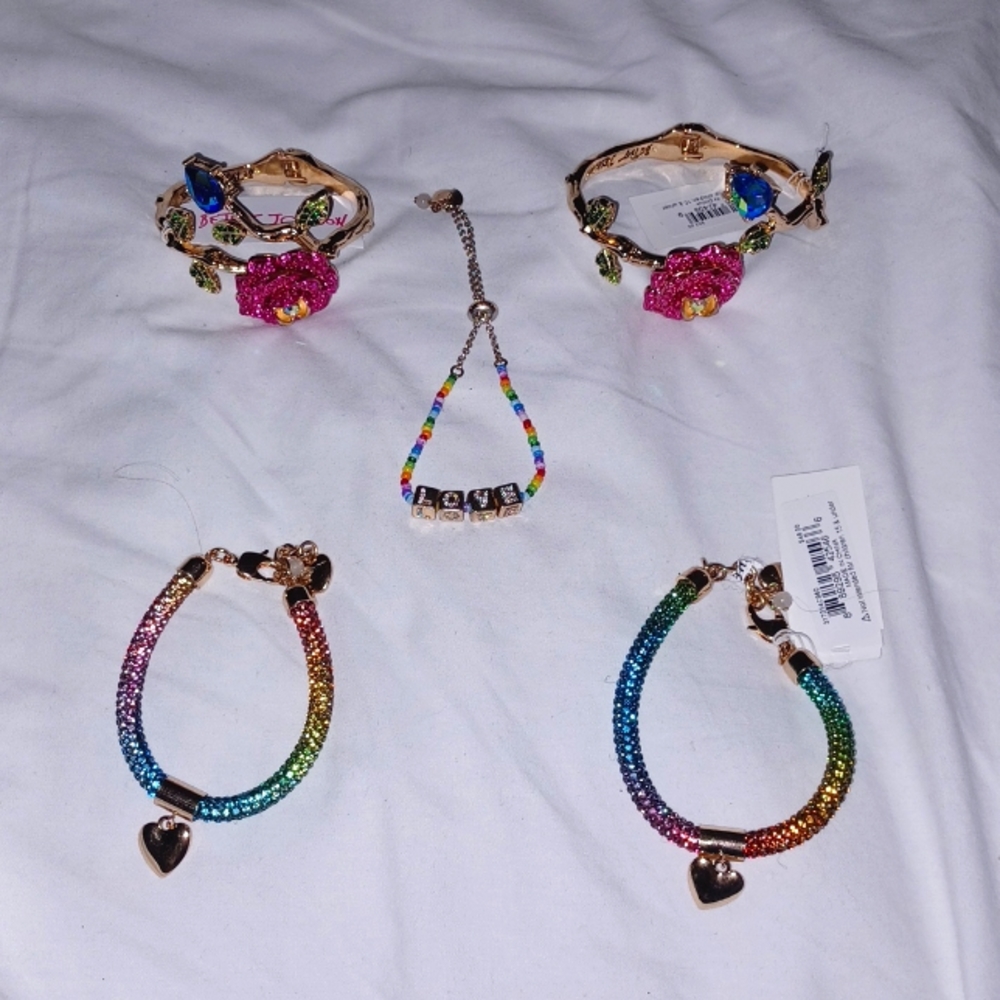 5 PC Lot of Betsey Johnson Bracelets Rainbow Crystal Pink Rose
